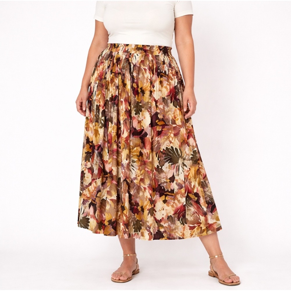 Avenue Floral Midi Skirt Women Sz 18/20 Pull On Flowy Boho Artsy Festival Event